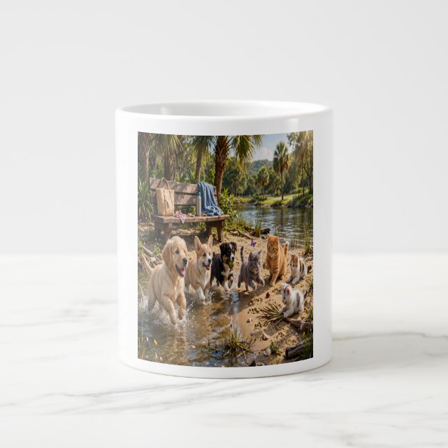Cute Puppies & Kittens Riverside Adventure Bone Giant Coffee Mug (Front)