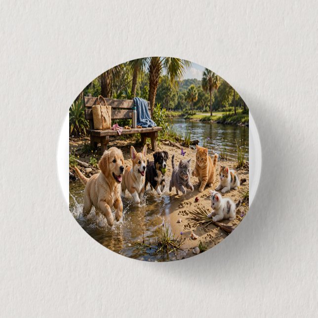 Cute Puppies & Kittens Riverside Adventure   Button (Front)