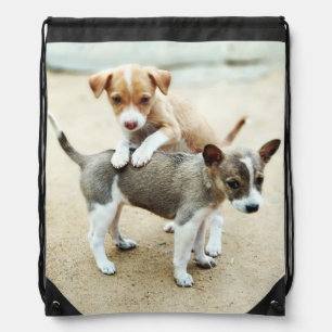 Cute Puppies Playing on Beach Drawstring Bag