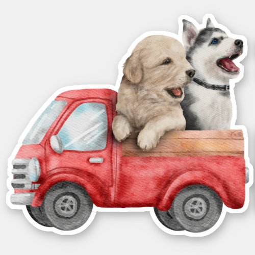 Cute Puppies Red Toy Truck  Sticker