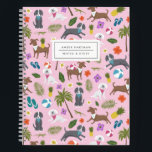 Cute Puppies Tropical Pattern | Pink Notebook<br><div class="desc">This fun, colorful notebook features a pattern of 3 different dogs, balancing pineapples and balls, chasing a lizard, wearing bandanas, jumping over balls, and just looking super cute! The tropical pattern also features flowers, palm trees, palm branches, and leaves. Text templates included for personalization - great for school, business, or...</div>