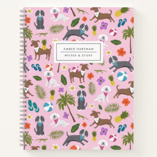 Cute Puppies Tropical Pattern   Pink Notebook