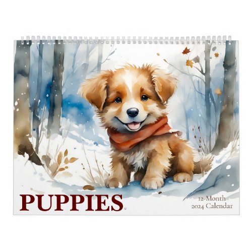 Cute Puppies Watercolor Art 12_Month 2024 Calendar
