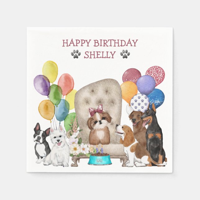 Cute Puppies Wish Happy Birthday Napkins (Front)