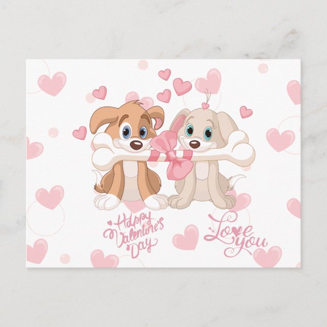 Cute Puppies with a Bone Valentine's Day Hearts Postcard (Front)