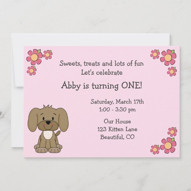 Cute Puppy 1st Birthday Invitation for Girls (Front)