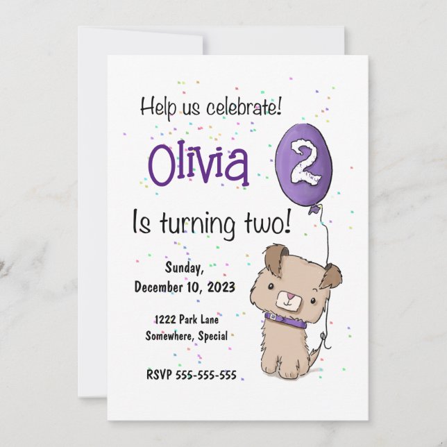 Cute Puppy, 2nd Birthday Invitation, Customizable Invitation (Front)