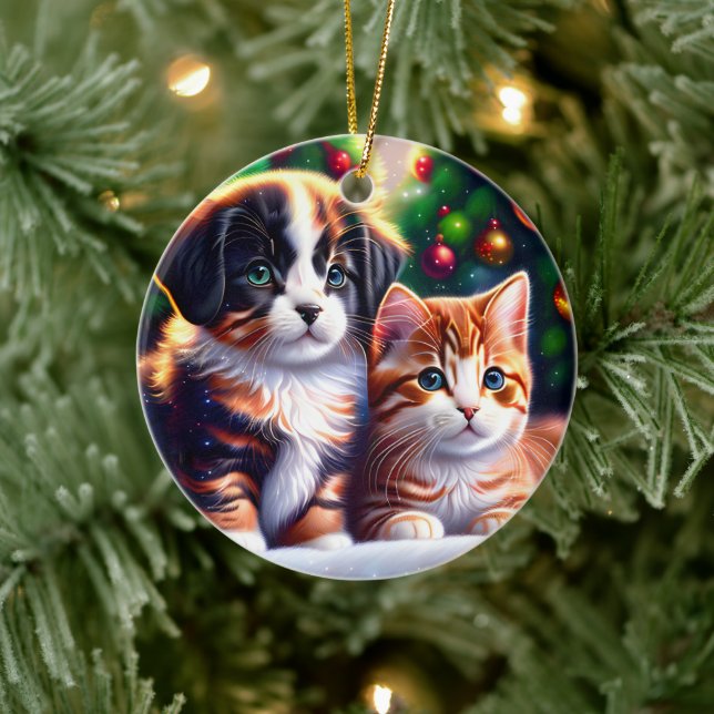 Cute puppy and cat under Christmas tree Ceramic Ornament (Tree)