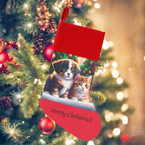 Cute puppy and cat under Christmas tree Christmas Stocking