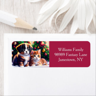 Cute puppy and cat under Christmas tree custom Label
