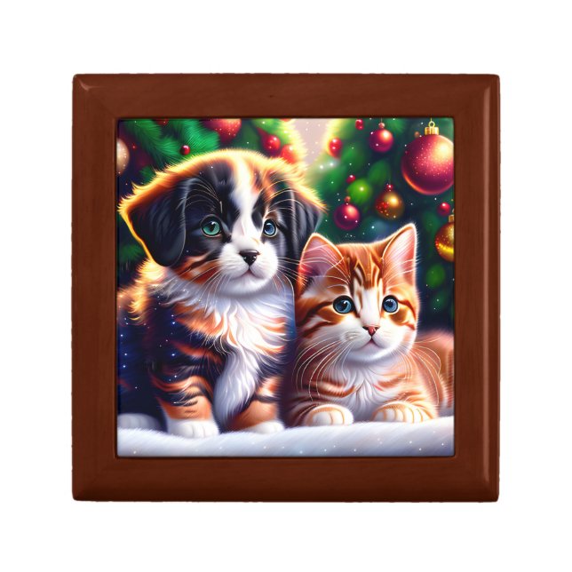 Cute puppy and cat under Christmas tree Gift Box (Front)