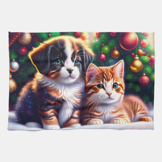 Cute puppy and cat under Christmas tree Kitchen Towel (Horizontal)