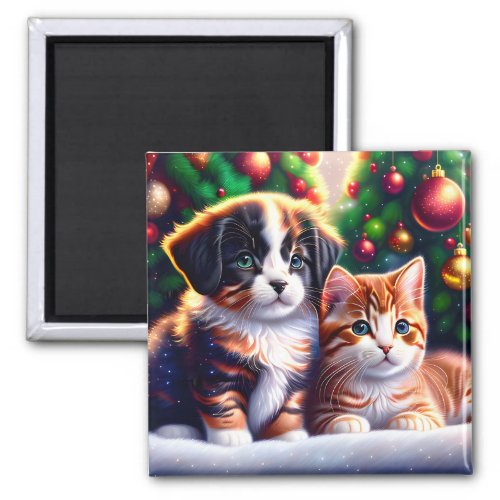 Cute puppy and cat under Christmas tree Magnet