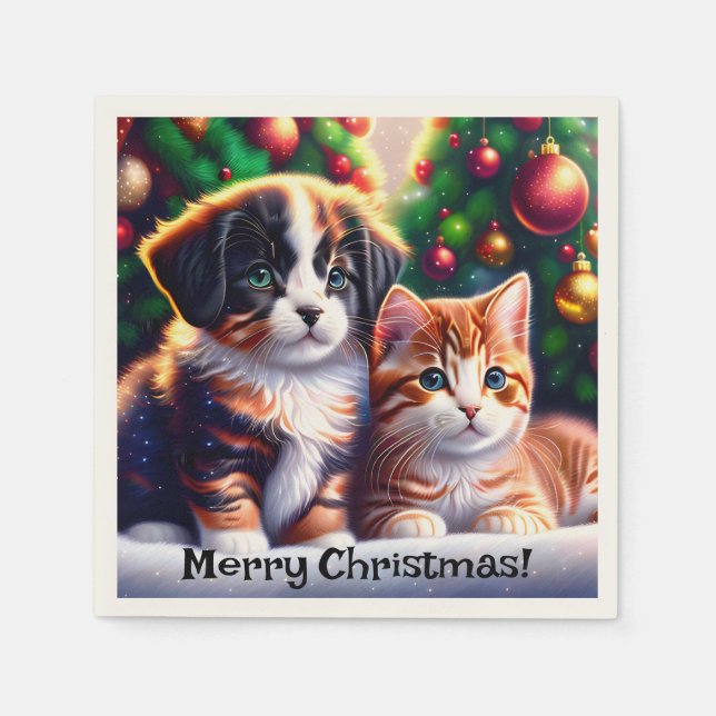 Cute puppy and cat under Christmas tree Napkins (Front)