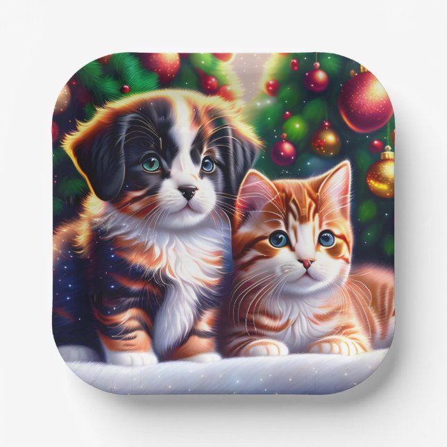 Cute puppy and cat under Christmas tree Paper Plates (Front)