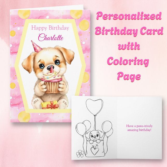 Cute Puppy and Cupcake Personalized Happy Birthday Card (Creator Uploaded)