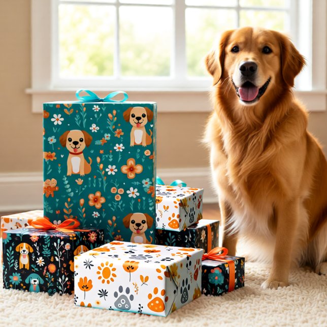 Cute Puppy and Flowers Modern Whimsical Wrapping Paper Sheets (Cute Puppy and Flowers Modern Whimsical Wrapping Paper Sheets)