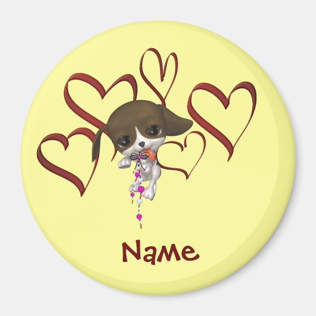 Cute Puppy And Hearts Monogram Name Personalized Magnet (Front)