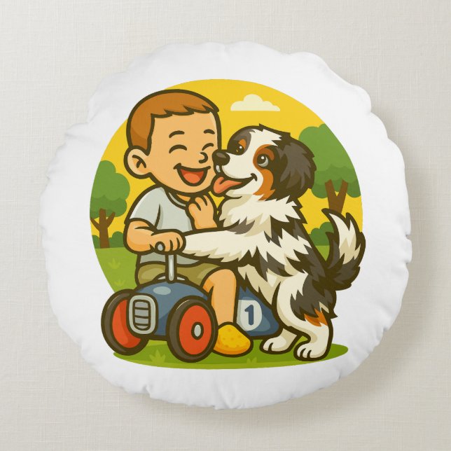 Cute Puppy and Kid Playtime Round Pillow (Front)
