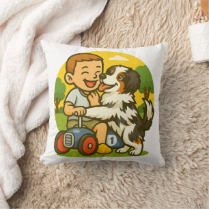 Cute Puppy and Kid Playtime Throw Pillow