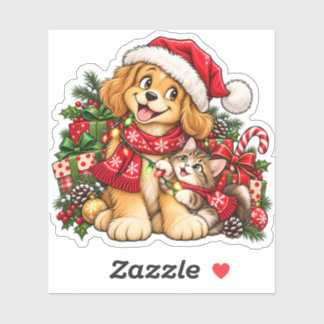 Cute Puppy and Kitten Christmas Presents Sticker