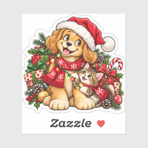 Cute Puppy and Kitten Christmas Presents Sticker
