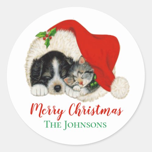 Cute Puppy and Kitten Christmas Stickers Seals