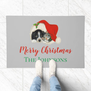Cute Puppy and Kitten Holiday Christmas Doormat