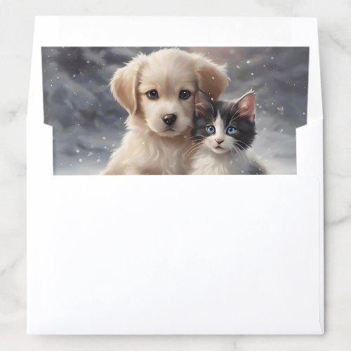 Cute Puppy and Kitten in Snow Best Friends  Envelope Liner