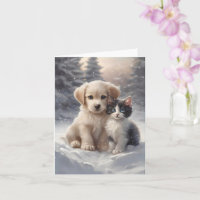 Cute Puppy and Kitten in Snow Blank Greeting Card