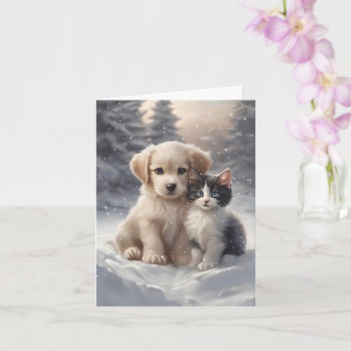 Cute Puppy and Kitten in Snow Blank Greeting Card