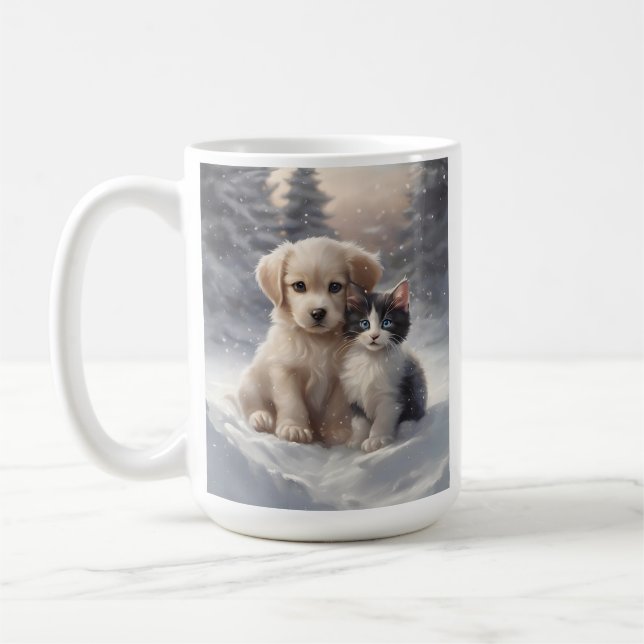 Cute Puppy and Kitten in Snow  Coffee Mug (Left)