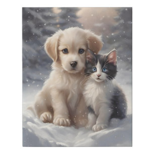 Cute Puppy and Kitten in Snow Faux Canvas Print