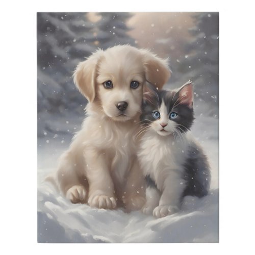 Cute Puppy and Kitten in Snow Faux Canvas Print