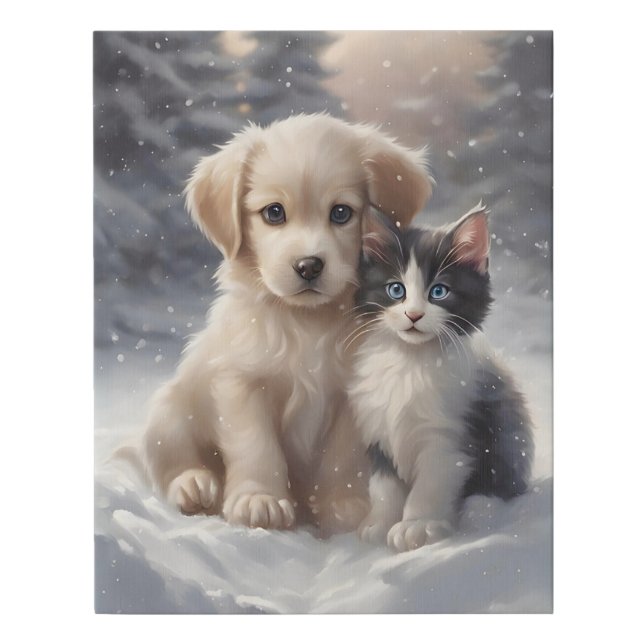 Cute Puppy and Kitten in Snow Faux Canvas Print (Front)