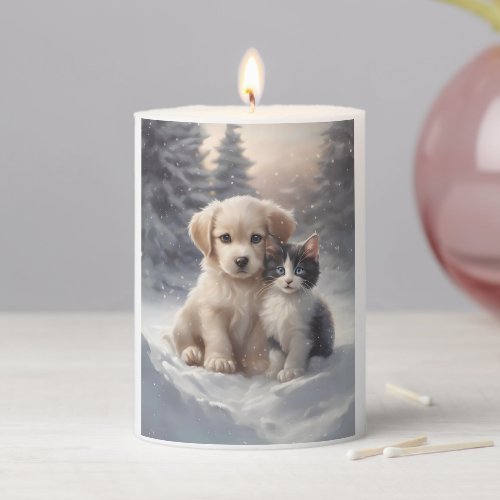 Cute Puppy and Kitten in Snow  Pillar Candle