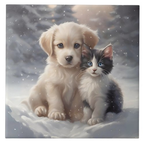 Cute Puppy and Kitten in Snow Portrait Pose Ceramic Tile