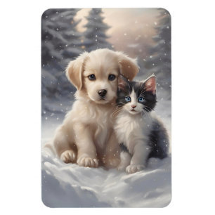 Cute Puppy and Kitten in Snow Refrigerator Magnet