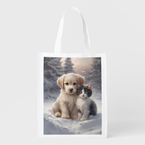 Cute Puppy and Kitten in Snow Reusable  Grocery Bag