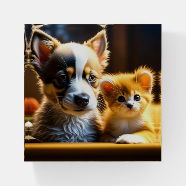 Cute Puppy and Kitten  Paperweight (Front)