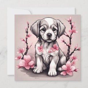 Cute Puppy and Pink Cherry Blossom Flowers Card