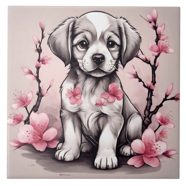 Cute Puppy and Pink Cherry Blossom Flowers  Ceramic Tile (Front)