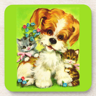 cute puppy and smiling kittens beverage coaster