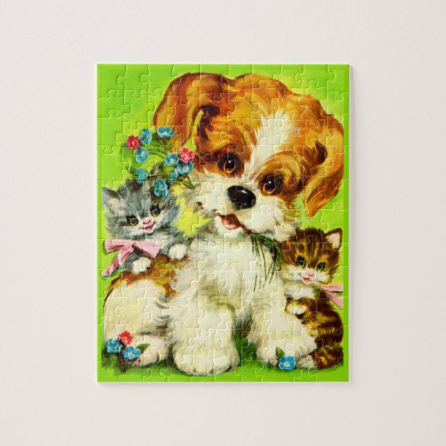 cute puppy and smiling kittens jigsaw puzzle (Vertical)