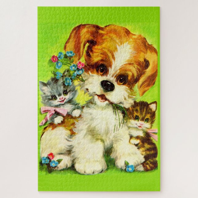 cute puppy and smiling kittens jigsaw puzzle (Vertical)