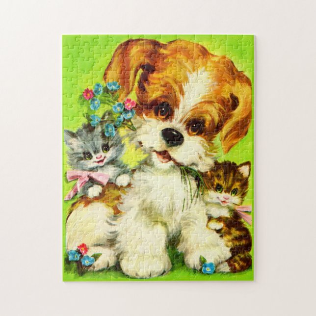 cute puppy and smiling kittens jigsaw puzzle (Vertical)
