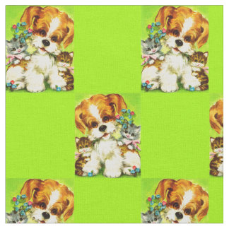 cute puppy and smiling kittens print fabric