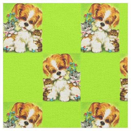cute puppy and smiling kittens print fabric
