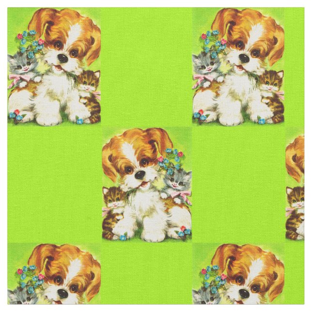 cute puppy and smiling kittens print fabric (Close Up)