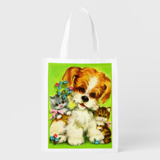 cute puppy and smiling kittens print grocery bag